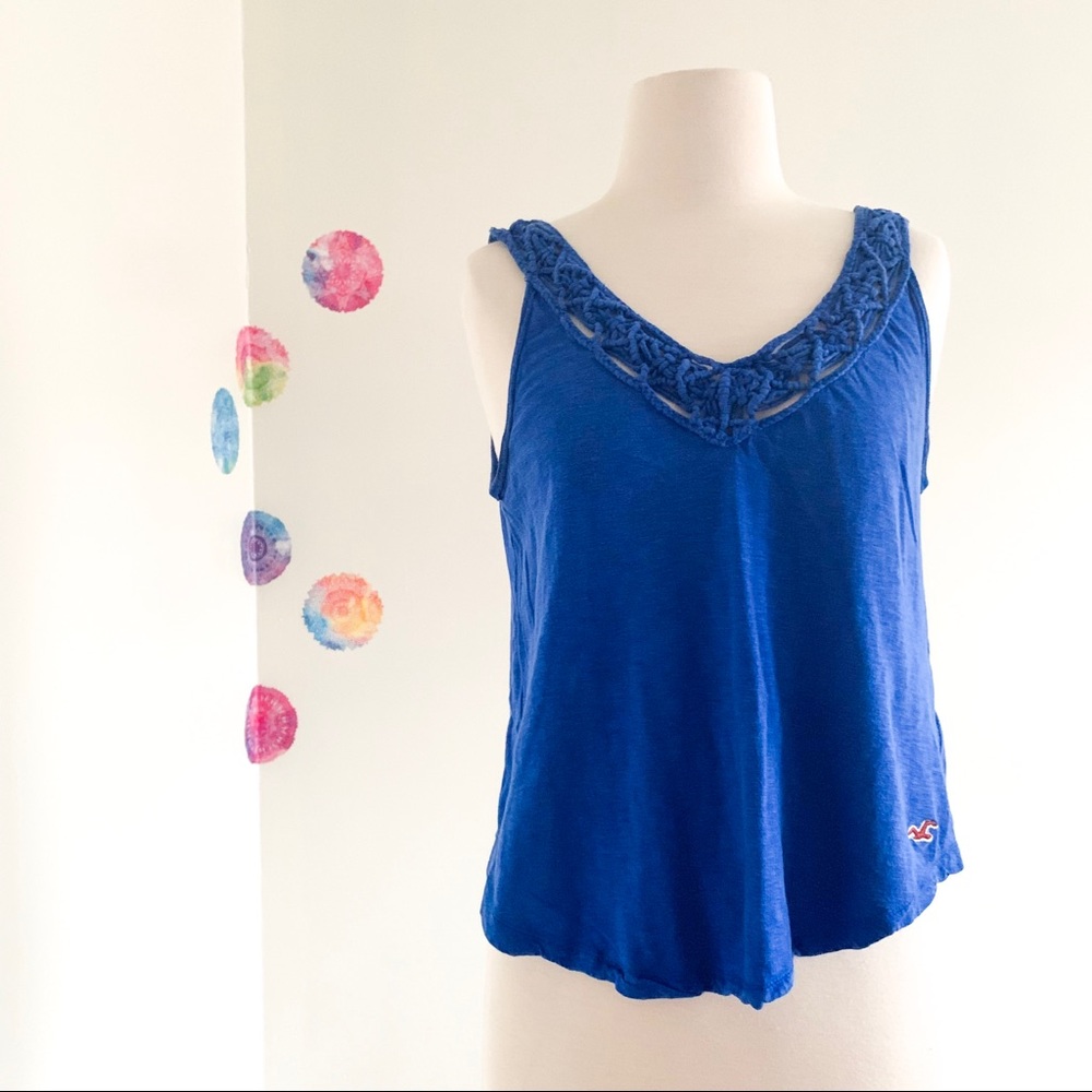 HOLLISTER Blue Crochet Trim Boho Slub Knit Asymmetric Sleeveless Tank Top XS